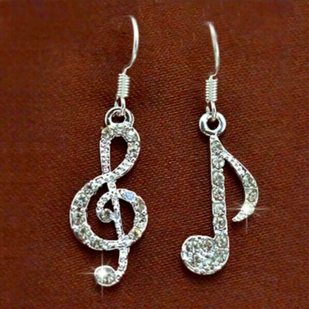 White Sapphire 925 Silver Music Notes Dangle Earrings Hook Backs